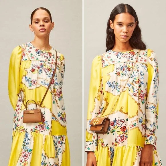 TORY BURCH Silk Quilted Yoke Yellow Floral Silk Midi Dress Size 4 - Picture 3 of 16